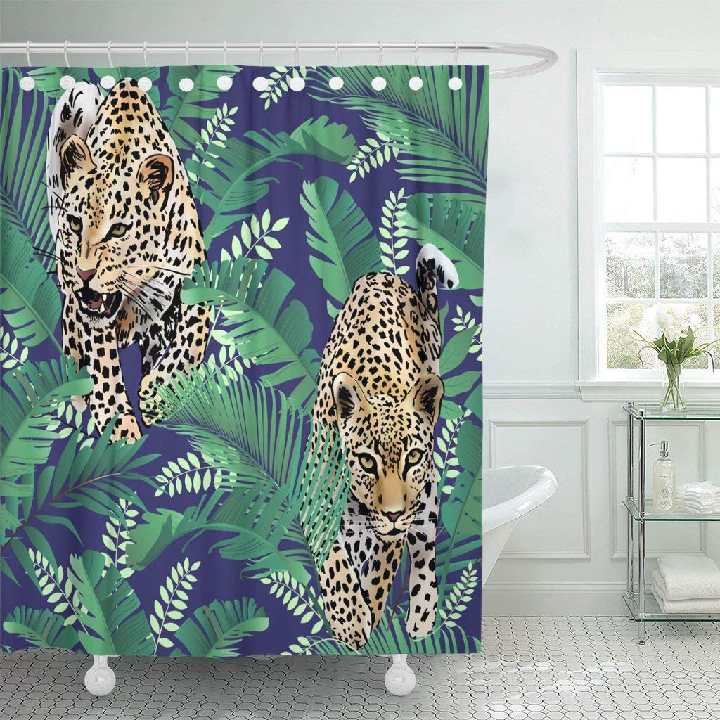 샤워 커튼 커튼 그린 바나나 치타와 표범 종려 나무 정글 빔의 열대 수채화/Shower Curtain Curtains Green Banana Cheetah and Leopards Palm Leaves Tropical Watercolor in the Jungle